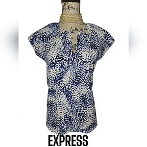 Express Blue and White Blouse with‎ Cap Sleeves Size M